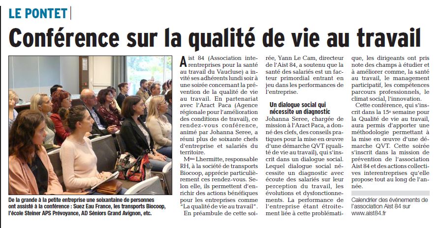 Conférence sur la qualité de vie au travail – Vaucluse Matin 12.06.2018