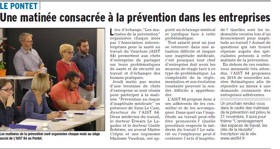 Une matinée consacrée à la prévention dans les entreprises – Vaucluse Matin 12.10.2017